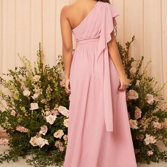 One Shoulder Ruched Chiffon Maxi Dress Pink Bridesmaid formal prom - Picture 3 of 5